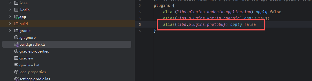 这张图片展示了Android项目根build.gradle.kts文件的配置页面，核心是plugins代码块中的关键配置项，红框突出标注了<code spellcheck=